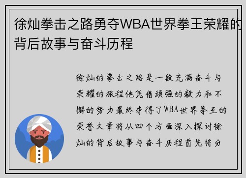 徐灿拳击之路勇夺WBA世界拳王荣耀的背后故事与奋斗历程